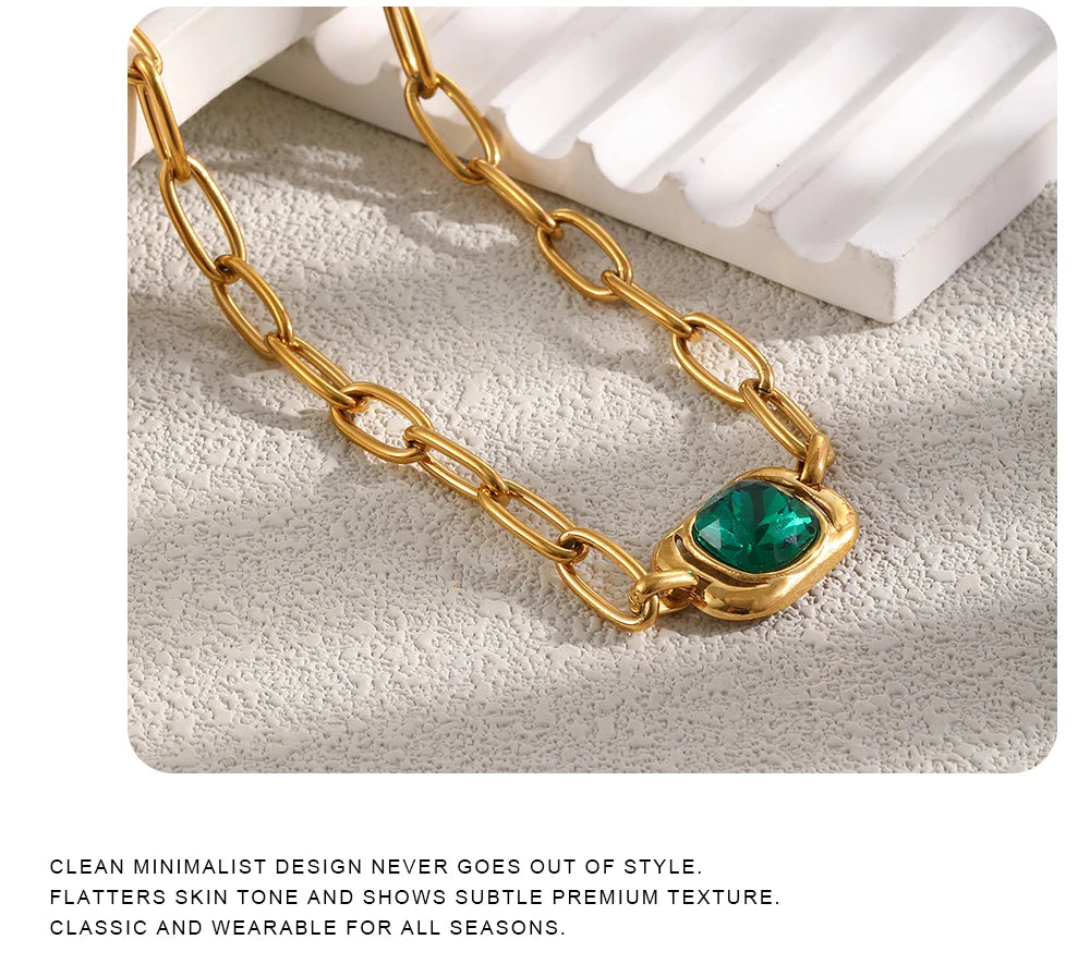 MamacitaSlay 316L Stainless Steel Green Zircon Pendant Necklace 18K Gold Plated Waterproof Vintage Luxury Jewelry Gift For Women