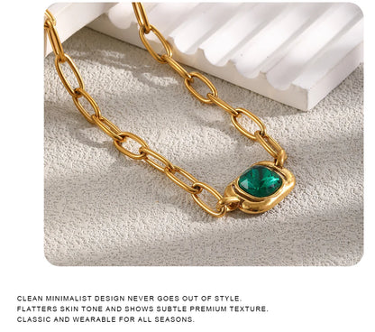 MamacitaSlay 316L Stainless Steel Green Zircon Pendant Necklace 18K Gold Plated Waterproof Vintage Luxury Jewelry Gift For Women