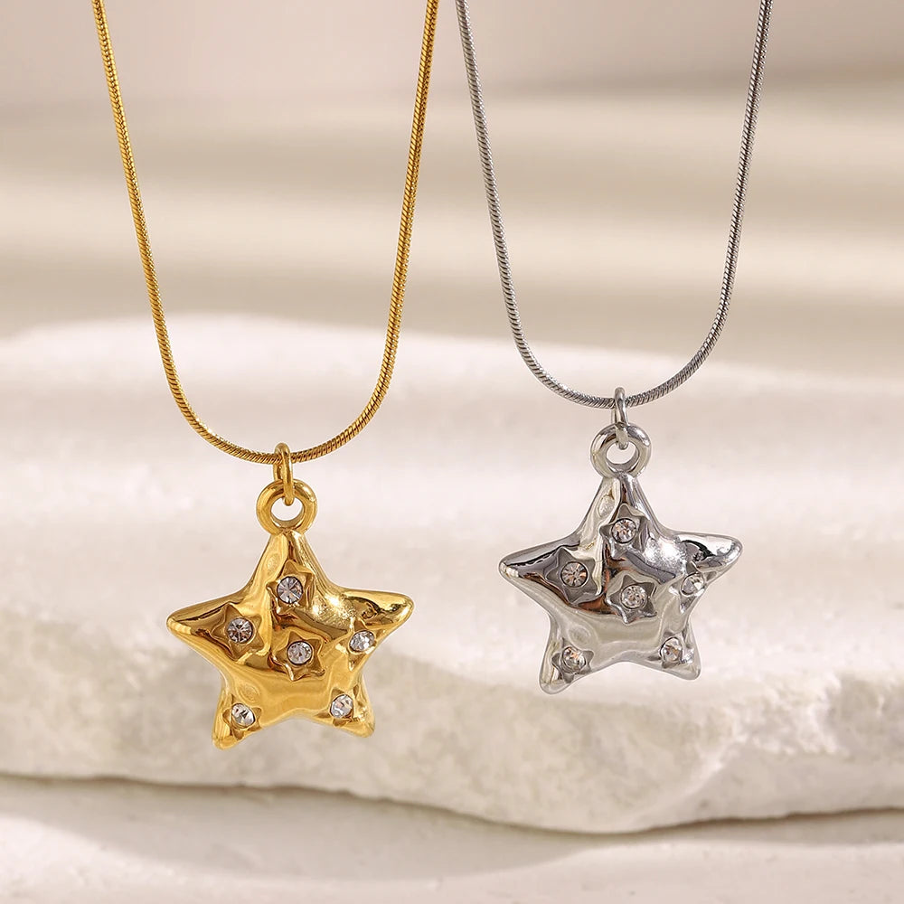 MamacitaSlay 316L Stainless Steel Zircon Star Pendant Necklace 18K Gold Plated Waterproof Jewelry Women's High Quality Necklace