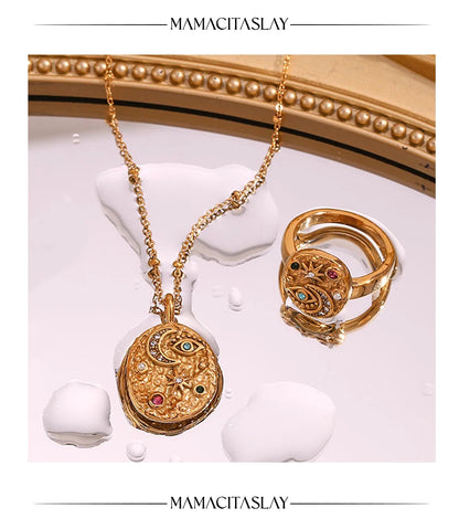MamacitaSlay Unique 316L Stainless Steel Star Moon Evil Eye Zircon Necklace Ring 18K Gold Plated Waterproof Jewelry For Women