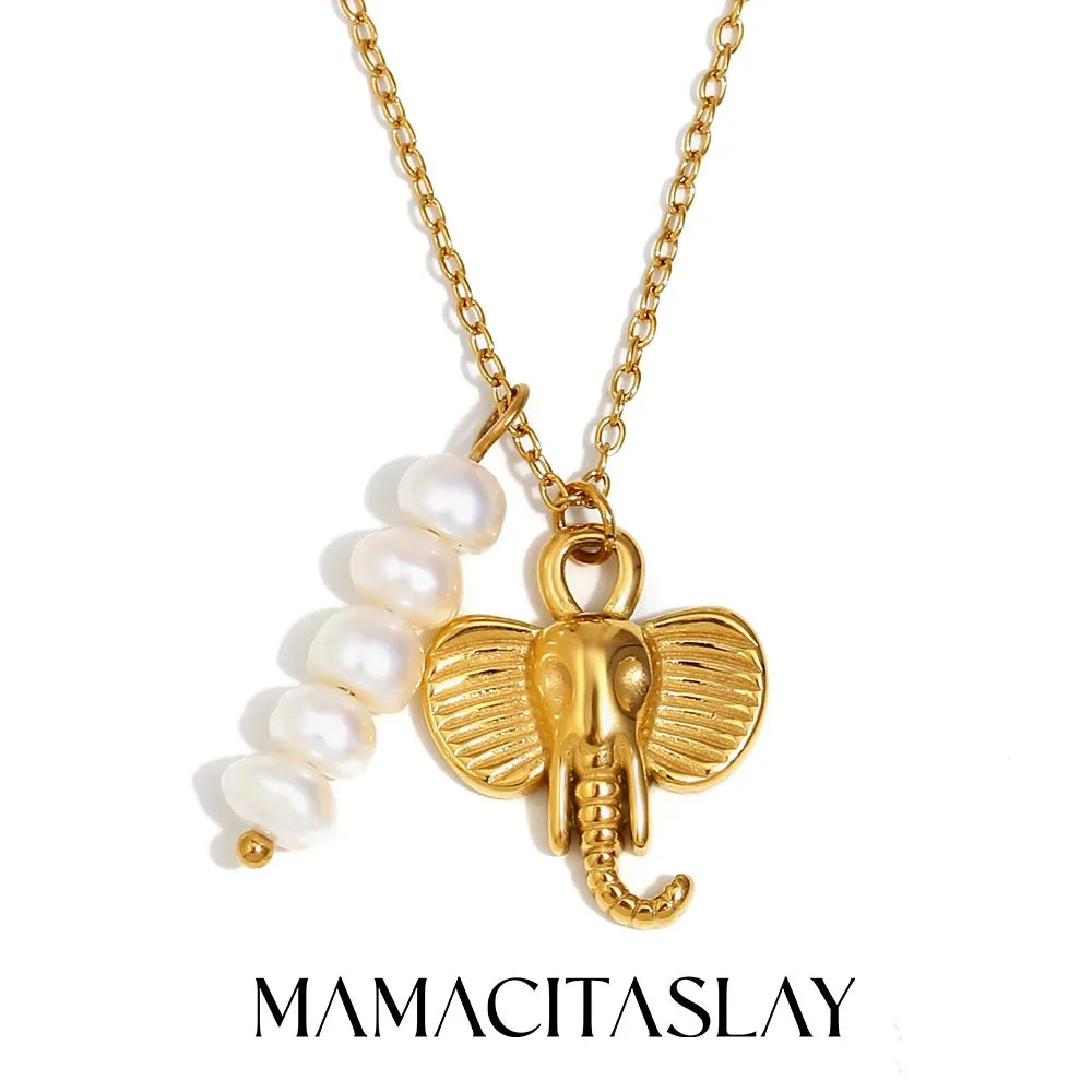 MamacitaSlay Stainless Steel Pearl Elephant Necklace Vacation Party Waterproof Jewelry Women's Charm High Quality Neck Jewelry
