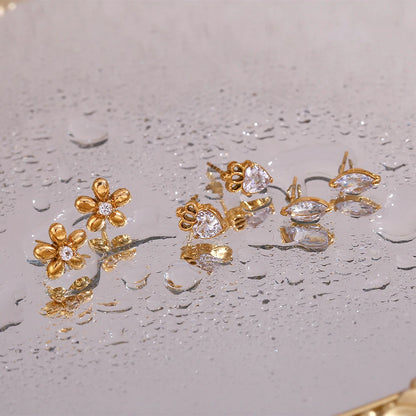 MamacitaSlay Delicate Zircon Flower Crown Horse Eye Stainless Steel Earrings Mini 18K Gold Plated Stud Earrings Fashion Jewelry