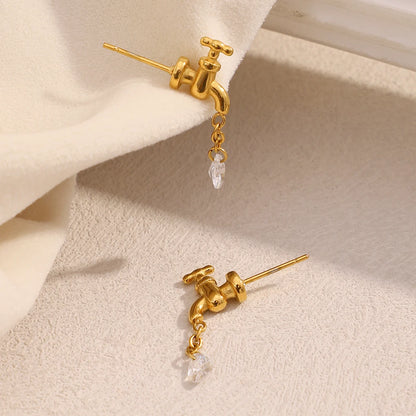 MamacitaSlay 316L Stainless Steel Unique Faucet Water Drop Zircon Earrings 18K Gold Plated Creative Waterproof Jewelry For Women