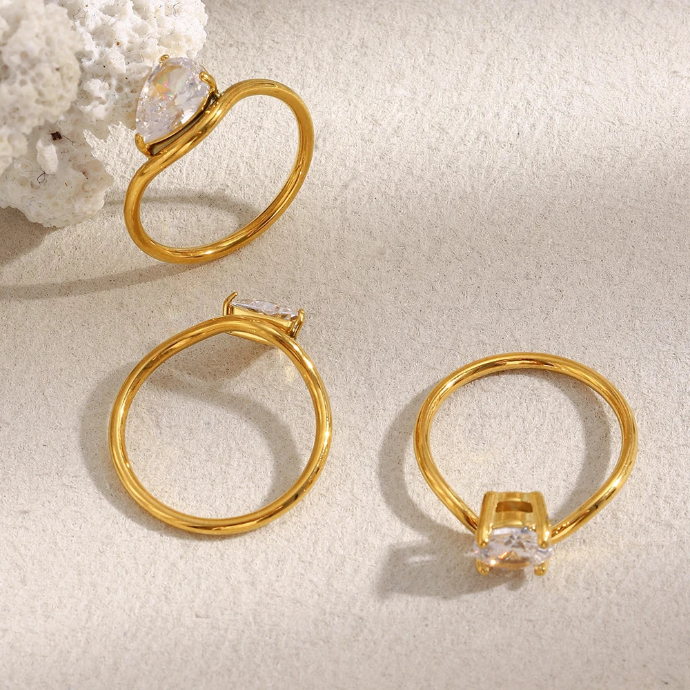 MamacitaSlay 316L Stainless Steel Water Drop Circular Triangle Zircon Wave Ring 18K Gold Plated Waterproof Jewelry For Women