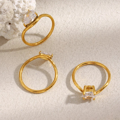 MamacitaSlay 316L Stainless Steel Water Drop Circular Triangle Zircon Wave Ring 18K Gold Plated Waterproof Jewelry For Women