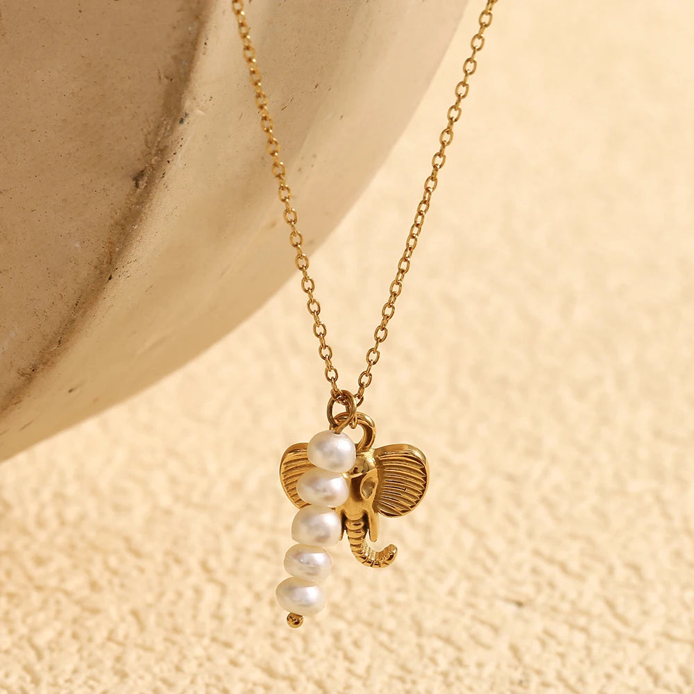 MamacitaSlay Stainless Steel Pearl Elephant Necklace Vacation Party Waterproof Jewelry Women's Charm High Quality Neck Jewelry