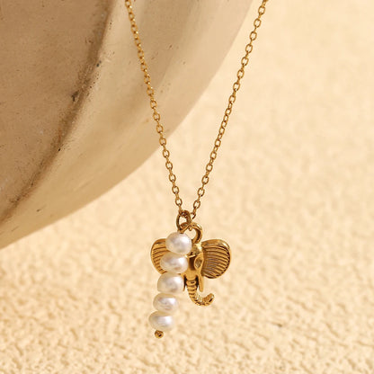 MamacitaSlay Stainless Steel Pearl Elephant Necklace Vacation Party Waterproof Jewelry Women's Charm High Quality Neck Jewelry