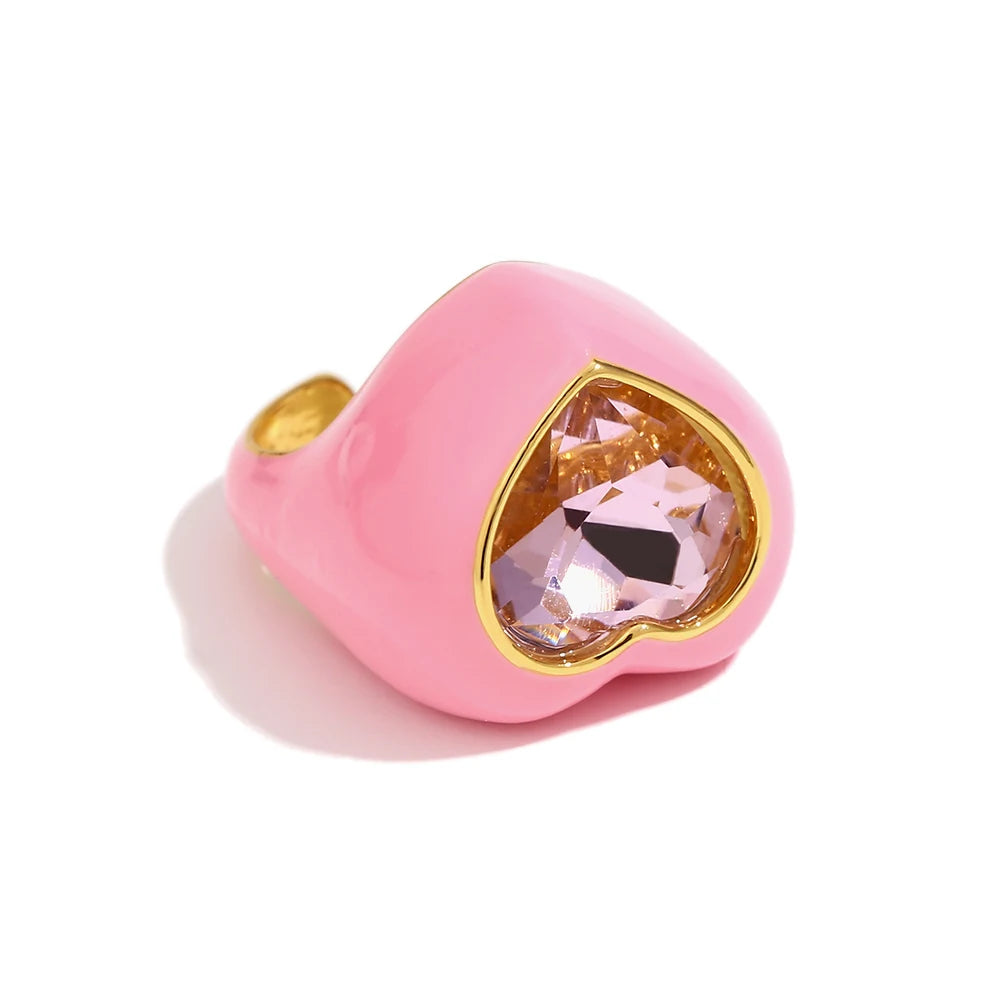 MamacitaSlay Sweet and Colorful Enamel Stainless Steel Heart Rhinestone Open Ring Party Trend Waterproof Jewelry Women's Gift