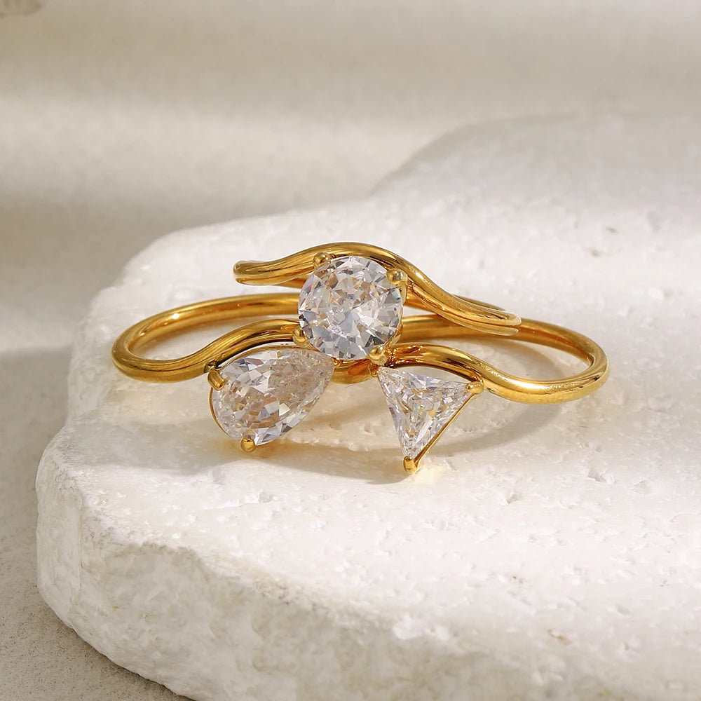 MamacitaSlay 316L Stainless Steel Water Drop Circular Triangle Zircon Wave Ring 18K Gold Plated Waterproof Jewelry For Women