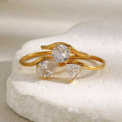 MamacitaSlay 316L Stainless Steel Water Drop Circular Triangle Zircon Wave Ring 18K Gold Plated Waterproof Jewelry For Women