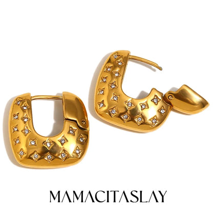 MamacitaSlay 316L Stainless Steel Zircon Star Square Hoop Earrings 18K Gold Plated Waterproof Jewelry For Women Gift Daily Wear