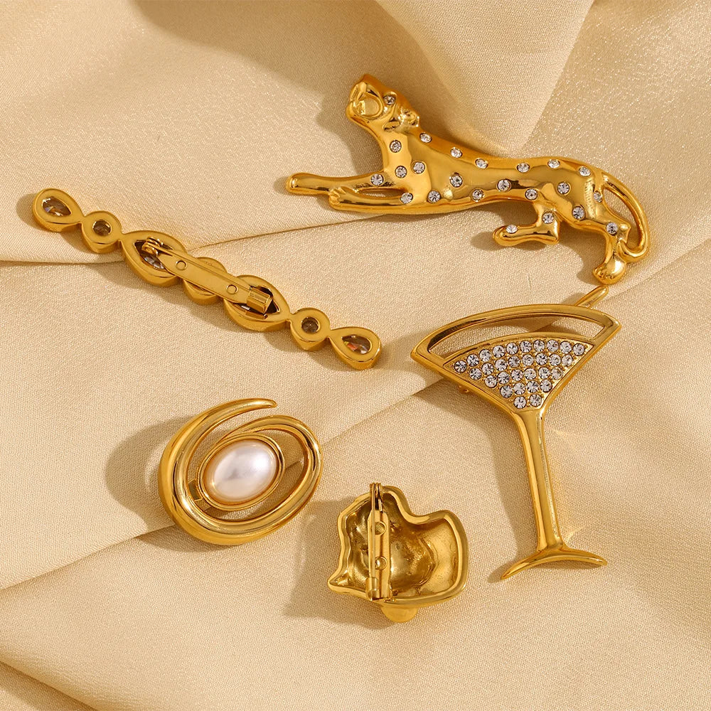 MamacitaSlay Unique 18K Gold Plated Zircon Wine Glass Leopard Brooch Banquet Waterproof Jewelry Women's High Quality Jewelry