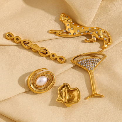 MamacitaSlay Unique 18K Gold Plated Zircon Wine Glass Leopard Brooch Banquet Waterproof Jewelry Women's High Quality Jewelry