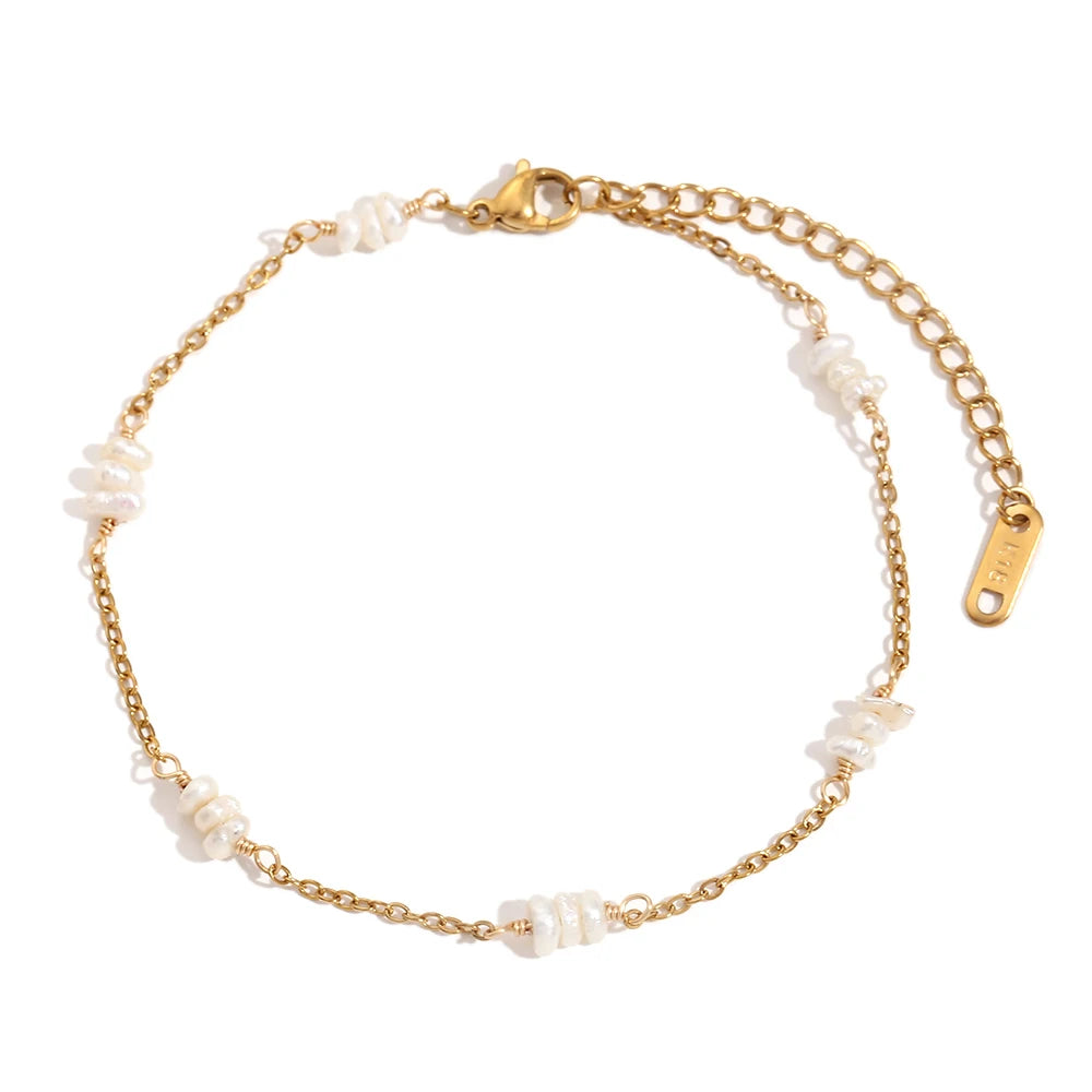MamacitaSlay Summer Beach Waterproof Irregular Natural Stone Freshwater Pearl Anklets Stainless steel jewelry woman Gift
