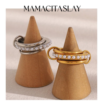 MamacitaSlay Elegant 316L Stainless Steel Pearl Three Layer Ring 18K Gold Plated Waterproof Jewelry Women's Charm Ring Gift 2025