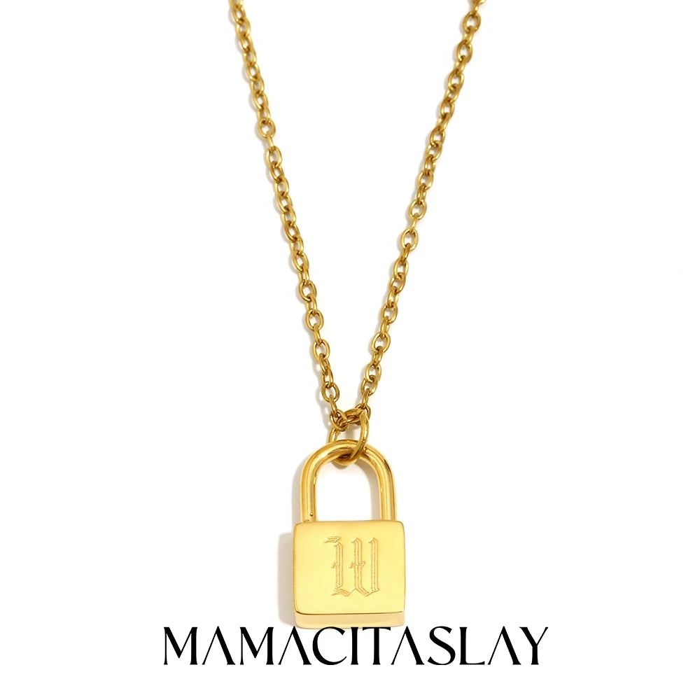 MamacitaSlay 316L Stainless Steel Ancient Letters Engaged Lock Pendant Necklace 18K Gold Plated Waterproof Neck Jewelry Gift