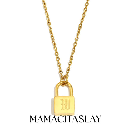 MamacitaSlay 316L Stainless Steel Ancient Letters Engaged Lock Pendant Necklace 18K Gold Plated Waterproof Neck Jewelry Gift