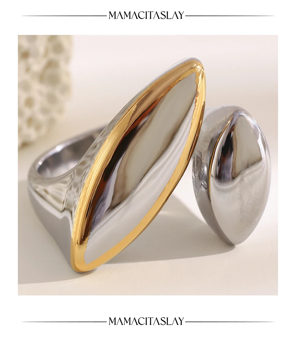MamacitaSlay 316L Stainless Steel Two Tone Asymmetric Oval Opening Ring Party Waterproof Jewelry Women's Unique Cool Ring Gift