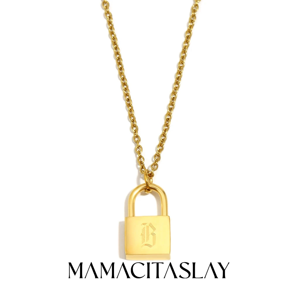 MamacitaSlay 316L Stainless Steel Ancient Letters Engaged Lock Pendant Necklace 18K Gold Plated Waterproof Neck Jewelry Gift