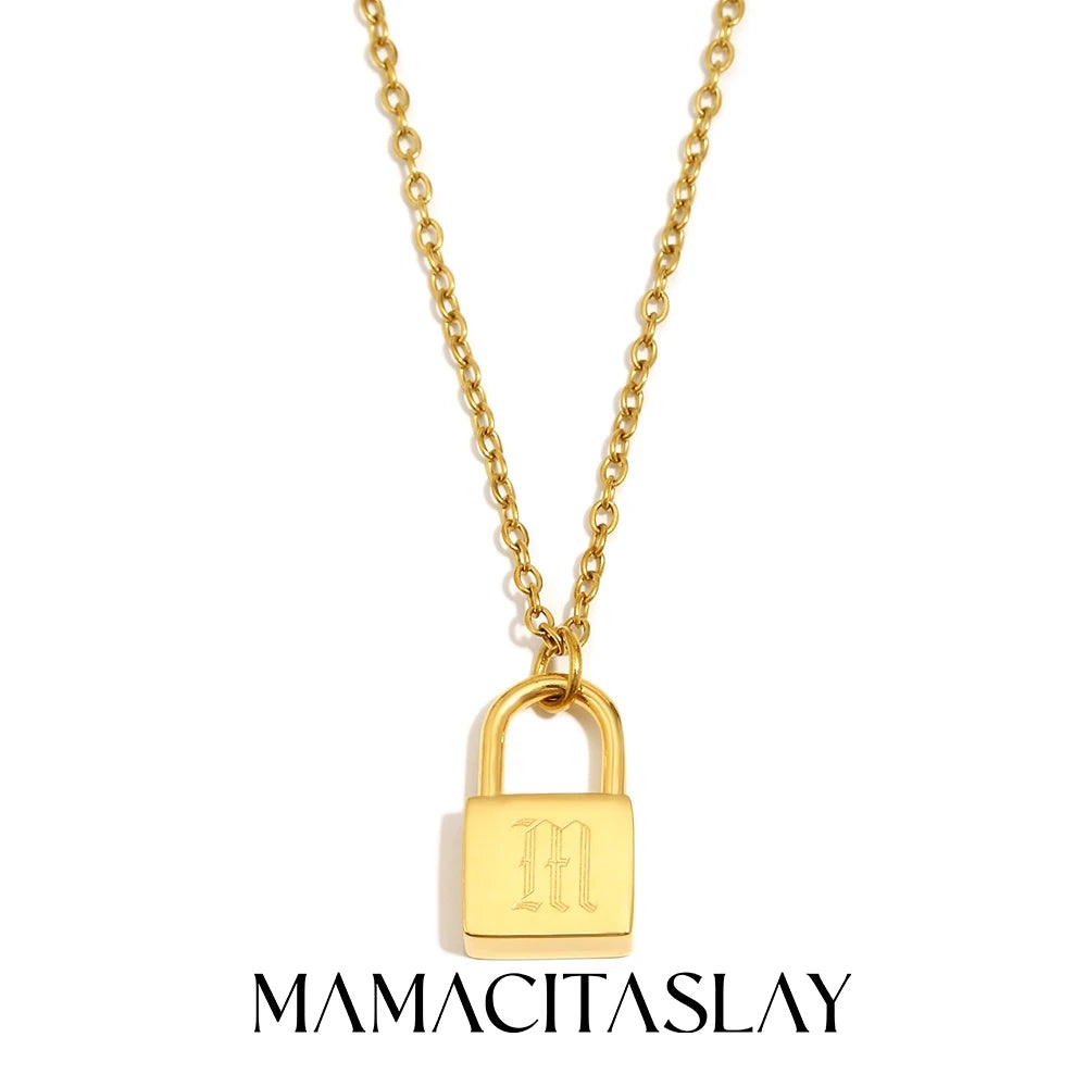MamacitaSlay 316L Stainless Steel Ancient Letters Engaged Lock Pendant Necklace 18K Gold Plated Waterproof Neck Jewelry Gift