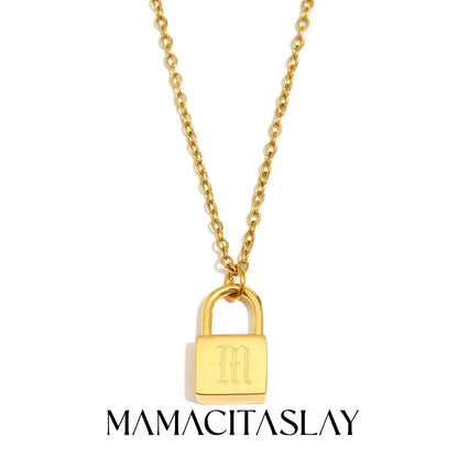 MamacitaSlay 316L Stainless Steel Ancient Letters Engaged Lock Pendant Necklace 18K Gold Plated Waterproof Neck Jewelry Gift