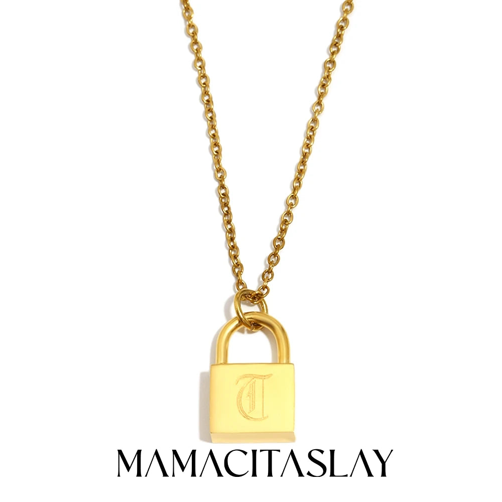 MamacitaSlay 316L Stainless Steel Ancient Letters Engaged Lock Pendant Necklace 18K Gold Plated Waterproof Neck Jewelry Gift