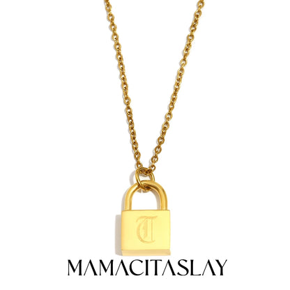MamacitaSlay 316L Stainless Steel Ancient Letters Engaged Lock Pendant Necklace 18K Gold Plated Waterproof Neck Jewelry Gift