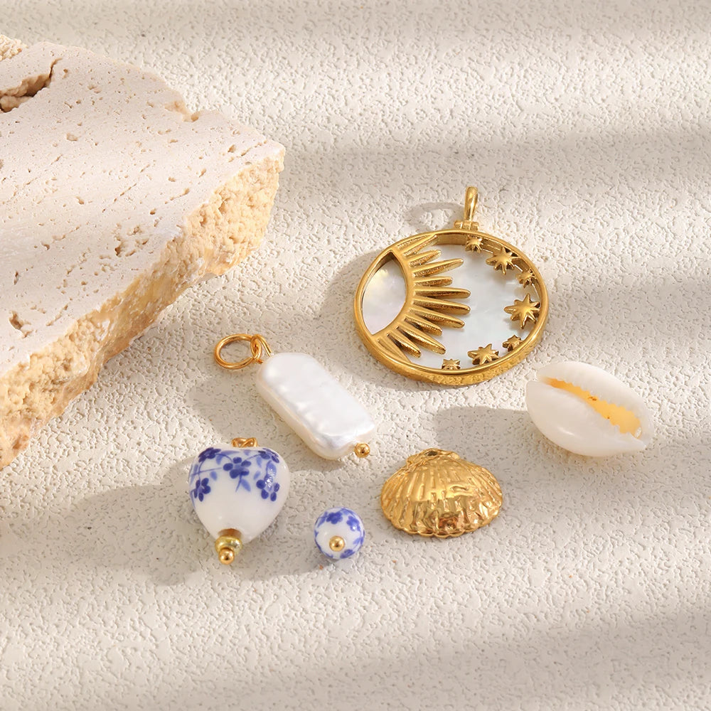 MamacitaSlay 18K Gold Plated Shell Moon Star Charm 316L Stainless Steel Ceramic Beads For DIY Earrings Bracelet Necklace Making