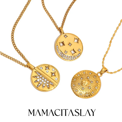 MamacitaSlay Minimalist Stainless Steel Zircon Sun Moon Star Zircon Pendant Necklace Creative Waterproof Jewelry Women's Gift