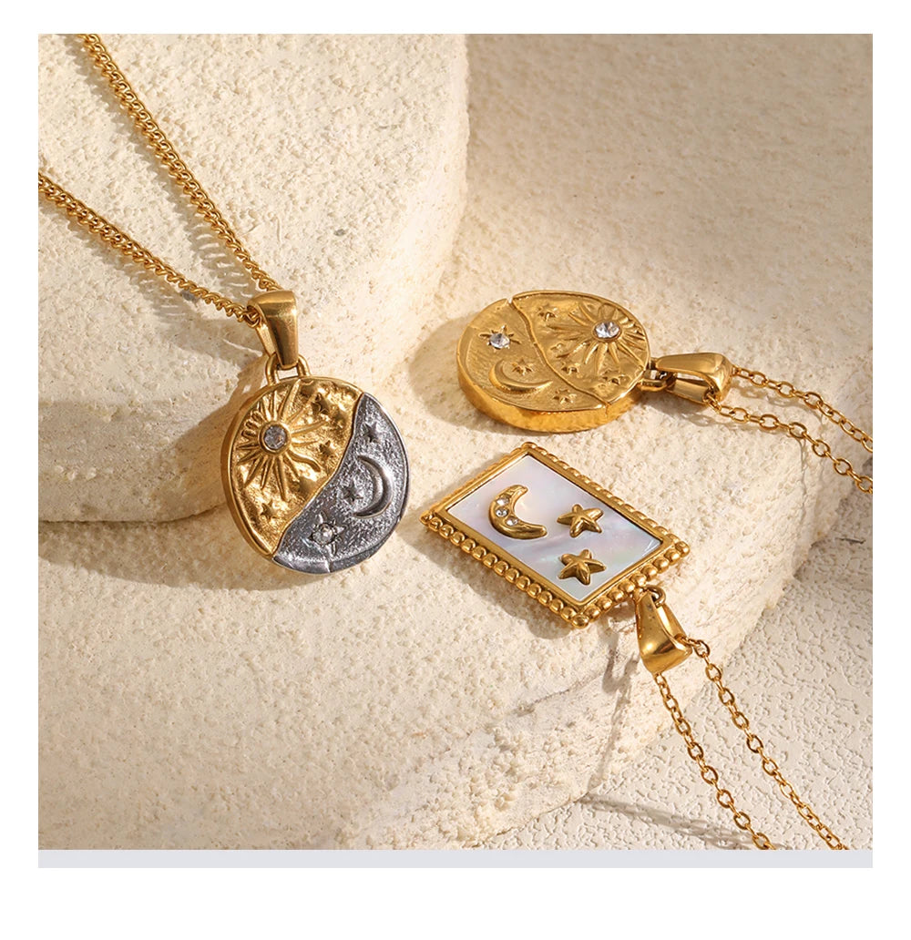 MamacitaSlay 316L Stainless Steel Zircon Celestial Sun Moon Star Pendant Necklace 18K Gold Plated Waterproof Jewelry For Women