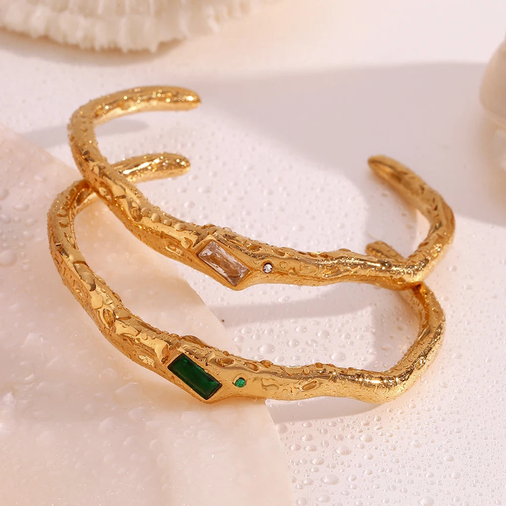 MamacitaSlay 316L Stainless Steel Twisted Shape Zircon Cuff Bracelet 18K Gold Plated Waterproof Jewelry For Women Everyday Wear