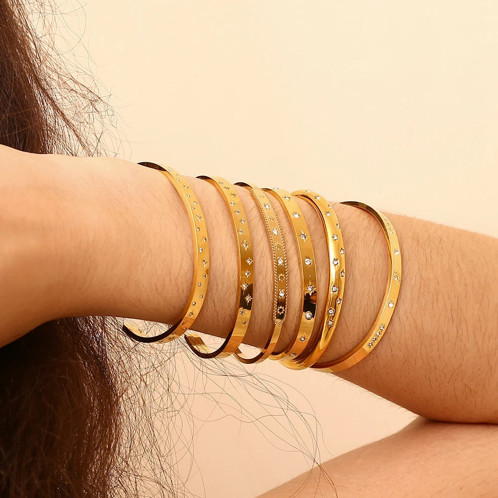 18K Gold Plated Deliacte Luxury Colorful Zircon Shiny Stars Cuff Bangles High Quality Waterproof Jewelry Bracelets for Women
