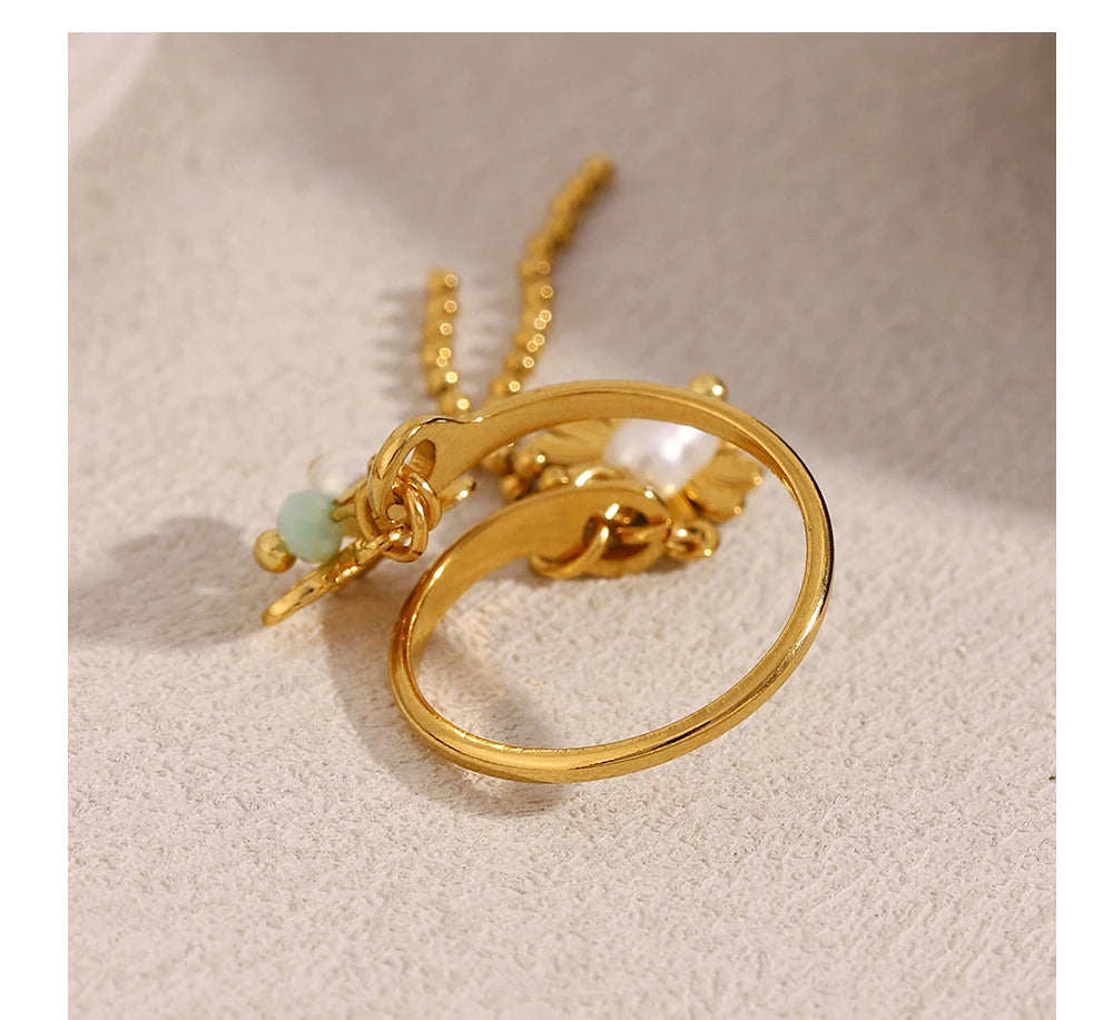 MamacitaSlay 316L Stainless Steel Pearl Flower Insect Tassel Ring Creative Waterproof Jewelry Women's Elegant Adjustable Ring