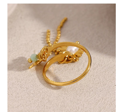 MamacitaSlay 316L Stainless Steel Pearl Flower Insect Tassel Ring Creative Waterproof Jewelry Women's Elegant Adjustable Ring