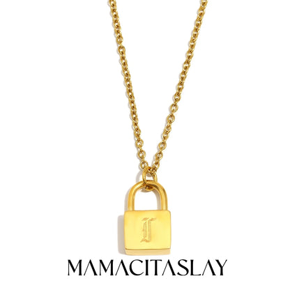 MamacitaSlay 316L Stainless Steel Ancient Letters Engaged Lock Pendant Necklace 18K Gold Plated Waterproof Neck Jewelry Gift