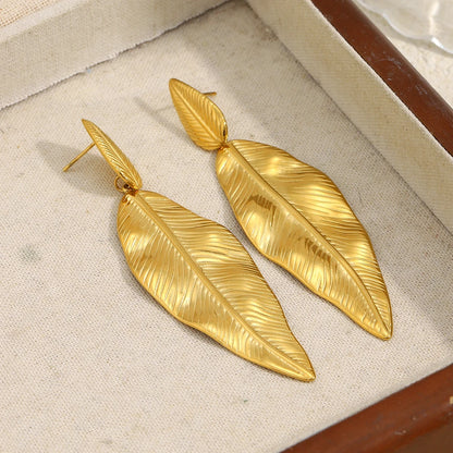 MamacitaSlay 316L Stainless Steel Double Leaf Dangle Earrings 18K Gold Plated Waterproof Jewelry For Women Statement Earrings