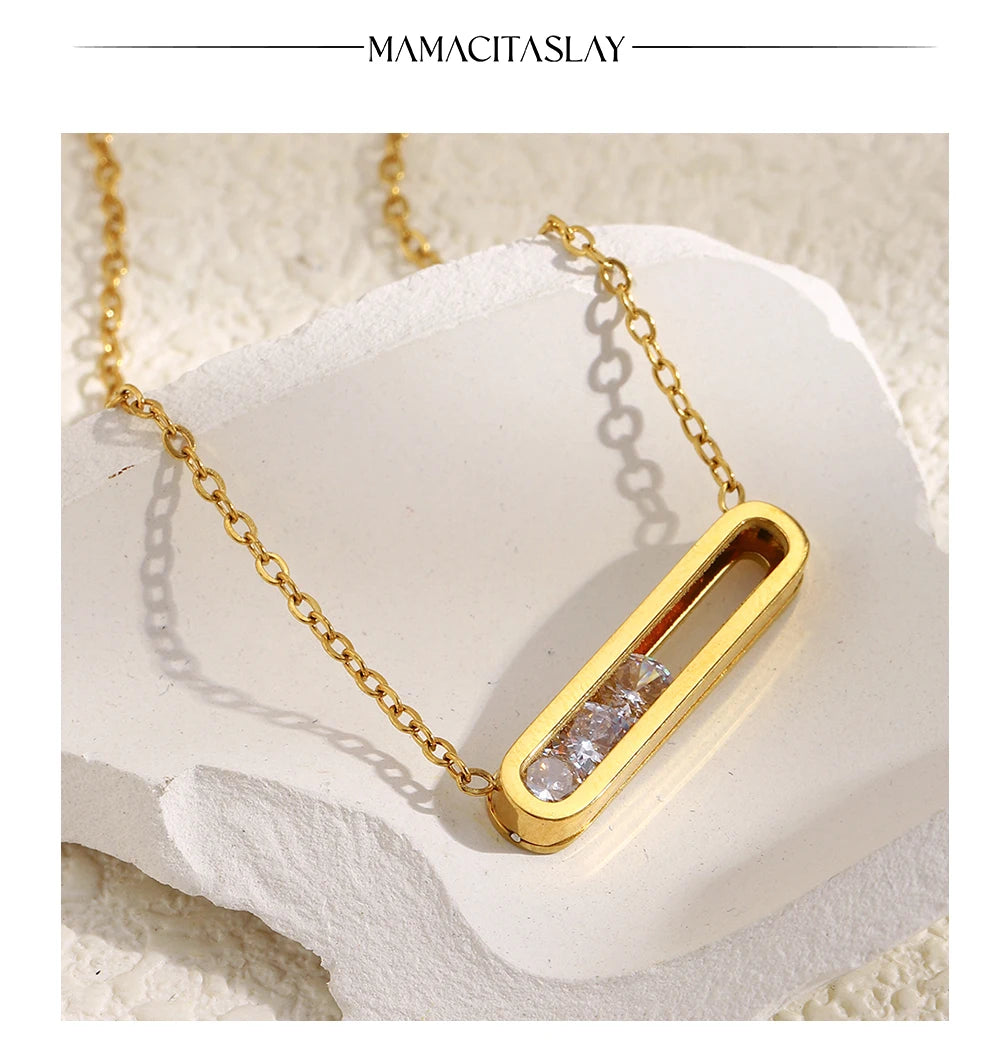 MamacitaSlay 316L Stainless Steel Movable Zircon Rectangular Pendant Waterproof 18K Gold Plated Jewelry Women's Elegant Necklace