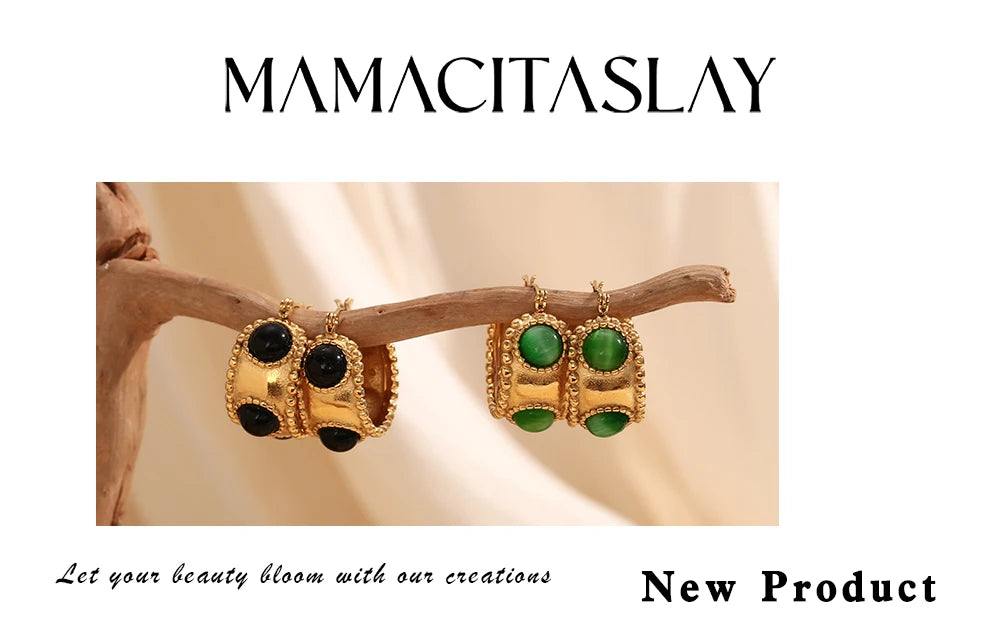 MamacitaSlay 316L Stainless Steel Retro Agate Beaded Edge Hoop Earrings 18K Gold Plated Waterproof Jewelry For Women Daily Wear