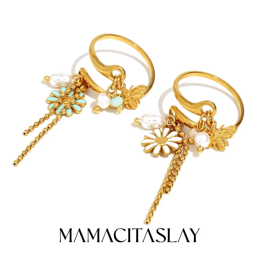 MamacitaSlay 316L Stainless Steel Pearl Flower Insect Tassel Ring Creative Waterproof Jewelry Women's Elegant Adjustable Ring
