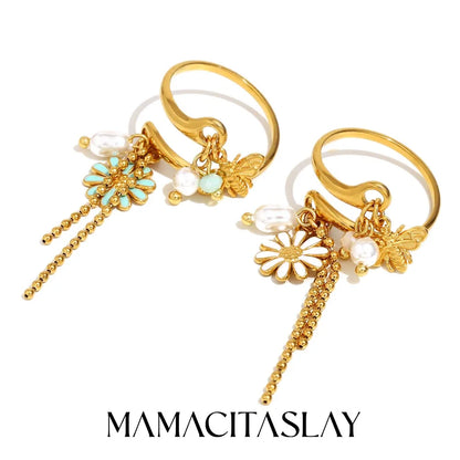MamacitaSlay 316L Stainless Steel Pearl Flower Insect Tassel Ring Creative Waterproof Jewelry Women's Elegant Adjustable Ring