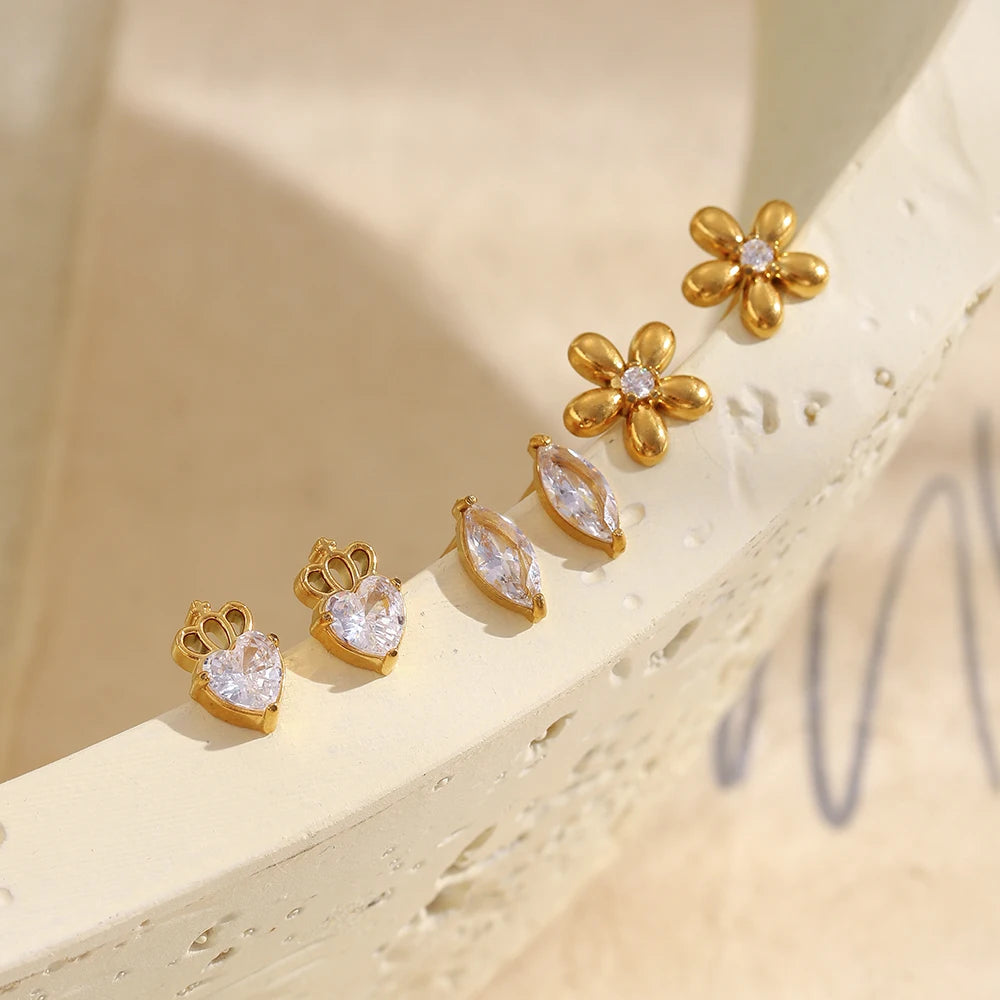 MamacitaSlay Delicate Zircon Flower Crown Horse Eye Stainless Steel Earrings Mini 18K Gold Plated Stud Earrings Fashion Jewelry