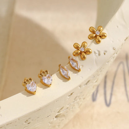 MamacitaSlay Delicate Zircon Flower Crown Horse Eye Stainless Steel Earrings Mini 18K Gold Plated Stud Earrings Fashion Jewelry