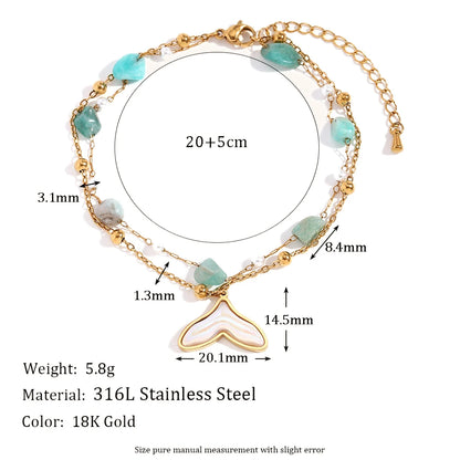 MamacitaSlay 18K Gold Plated Stainless Steel Natural Stone Double Layer Fishtail Anklet Chain Beach Party Waterproof Jewelry