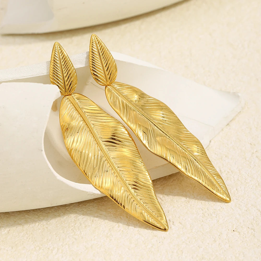 MamacitaSlay 316L Stainless Steel Double Leaf Dangle Earrings 18K Gold Plated Waterproof Jewelry For Women Statement Earrings