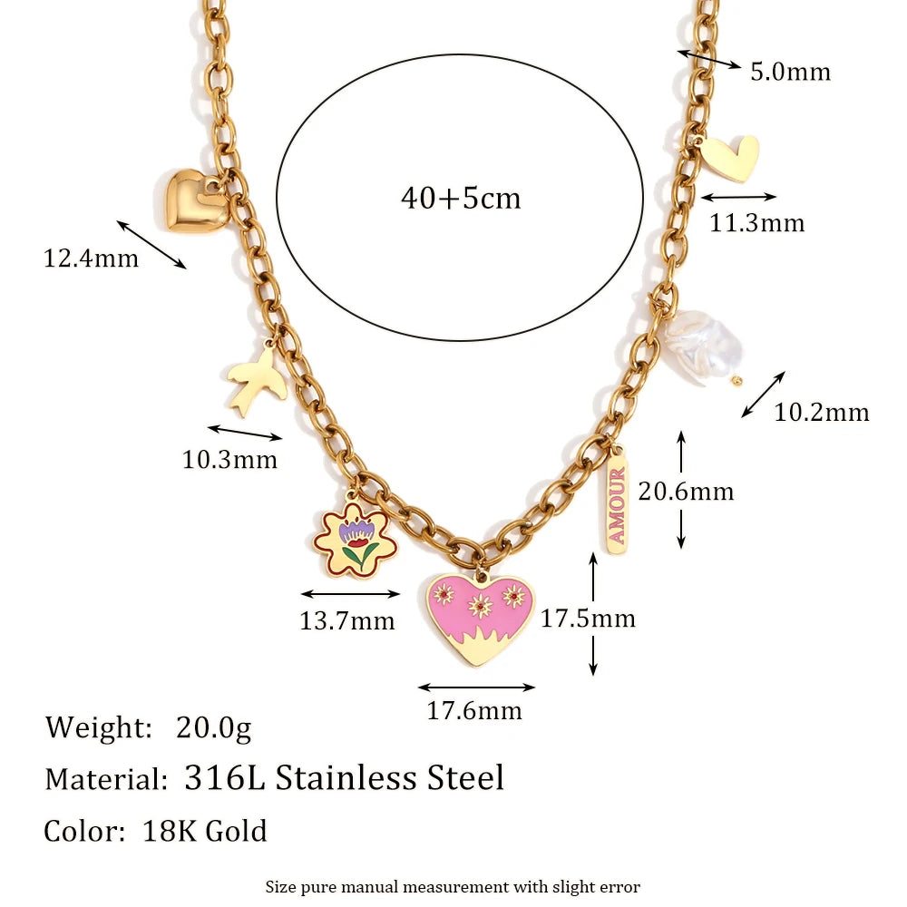 MamacitaSlay 316L Stainless Steel Baroque Pearl Enamel Heart Necklace 18K Gold Plated Waterproof Hawaiian Jewelry For Women Gift