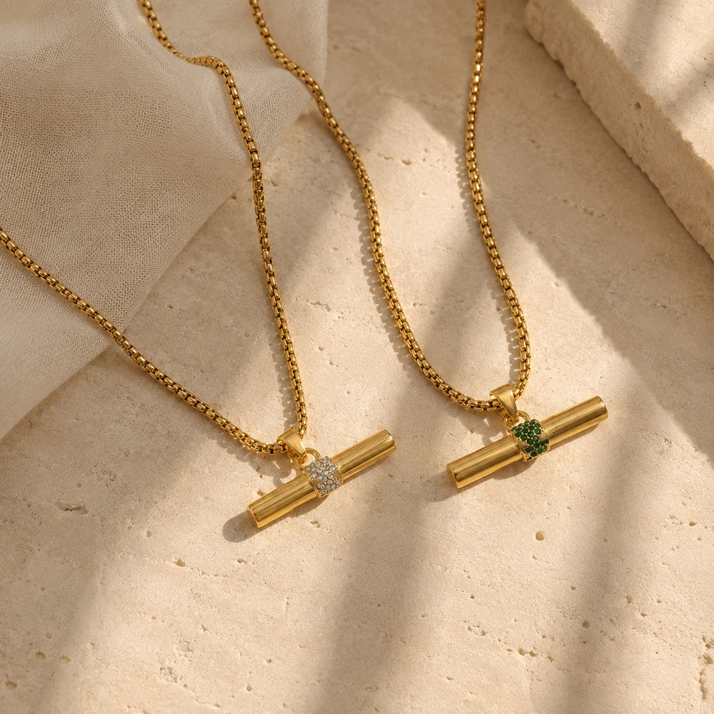 Inner Ziva Bohemian 316L Stainless Steel CZ Pendant T Bar Necklace 18K Gold Plated Waterproof Minimalist Jewelry For Women Men
