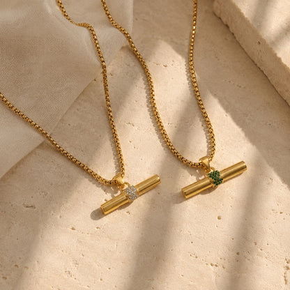 Inner Ziva Bohemian 316L Stainless Steel CZ Pendant T Bar Necklace 18K Gold Plated Waterproof Minimalist Jewelry For Women Men