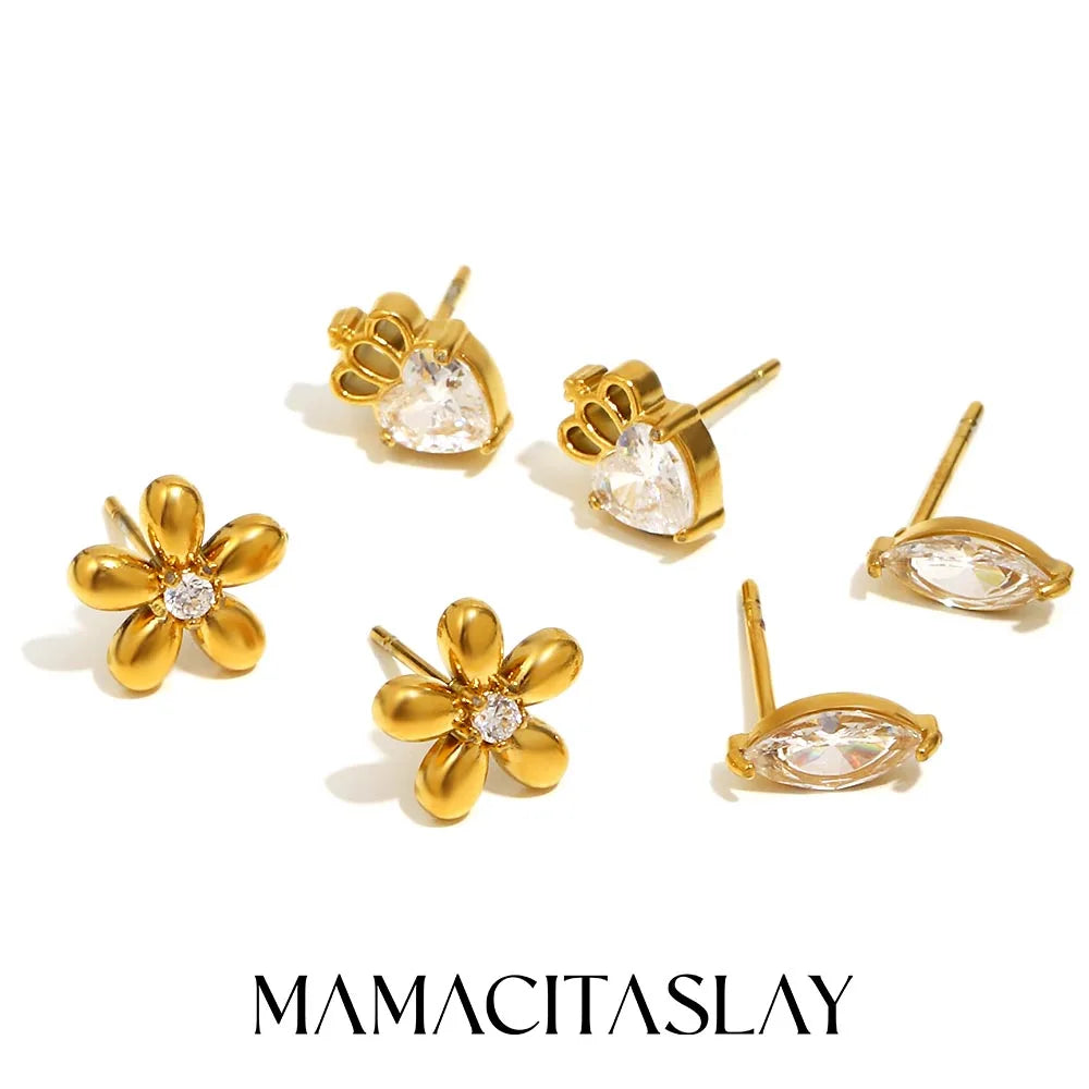 MamacitaSlay Delicate Zircon Flower Crown Horse Eye Stainless Steel Earrings Mini 18K Gold Plated Stud Earrings Fashion Jewelry