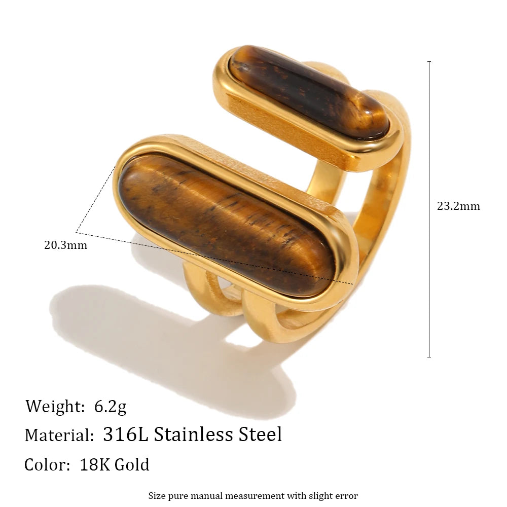 MamacitaSlay 316L Stainless Steel Tiger Eye Asymmetric Ring 18K Gold Plated Waterproof Vintage Jewelry For Women Everyday Wear