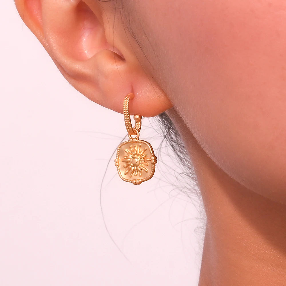 MamacitaSlay 316L Stainless Steel Vintage Sun Medallion Earrings 18K Gold Plated Waterproof Jewelry For Women Trendy Earrings